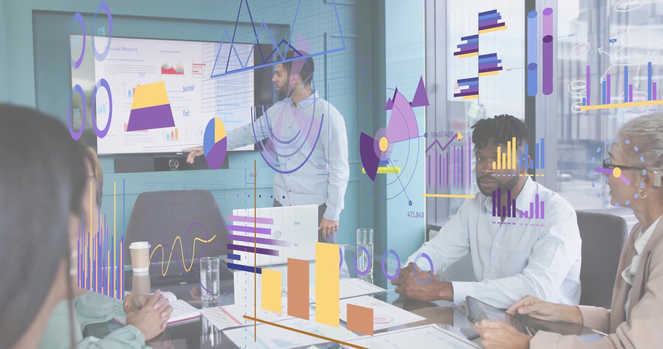 Presenter starting talk and guiding team focus toward animated charts supporting business decisions