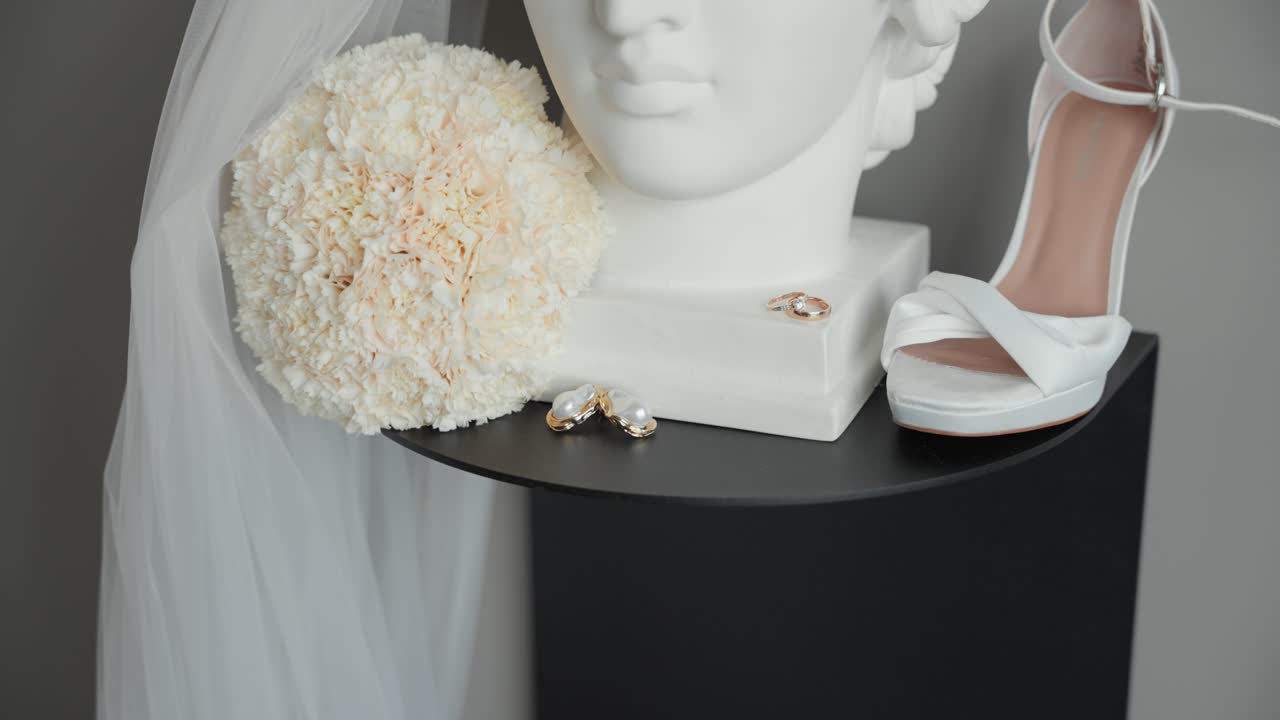 Bridal accessories including bouquet, heels, pearl earrings, and gold rings arranged elegantly with a mannequin head, capturing the essence of wedding day preparation and style