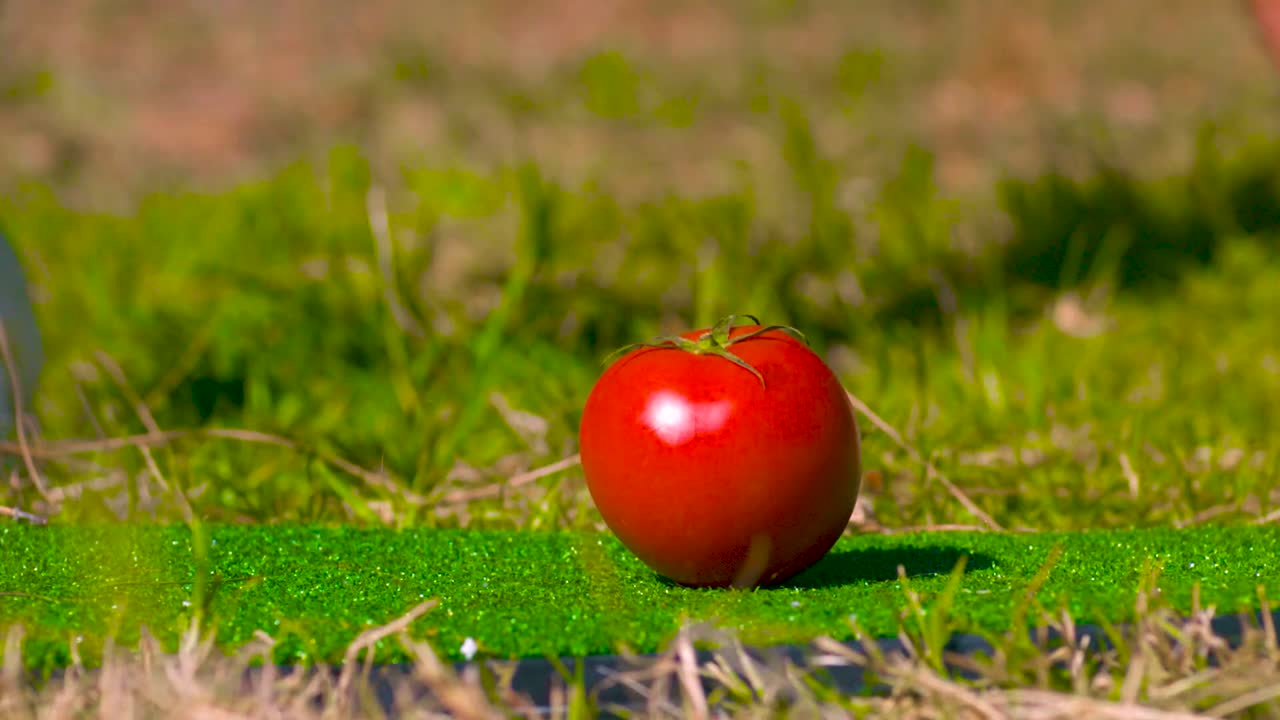 은 토마토가 황금  철이나 스로우 모션의 스틱으로 때려서 조각으로 어지고 토마토 주스가 어지면서 토마토는 폭발하고 조각으로 갈라집니다.