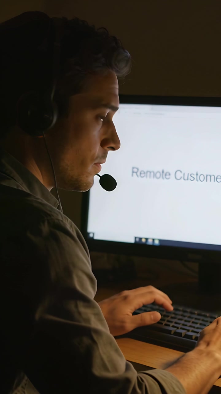 Vertical video: Typing speaking rep in collared shirt using headset for Remote Customer on monitor