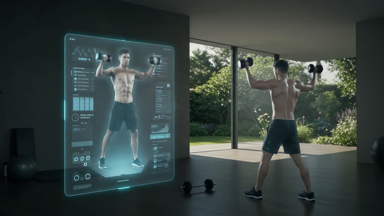A Futuristic Fitness Experience: A Physically Fit Individual Engaging with a Virtual Training Interface While Lifting Weights in a Modern Home Environment