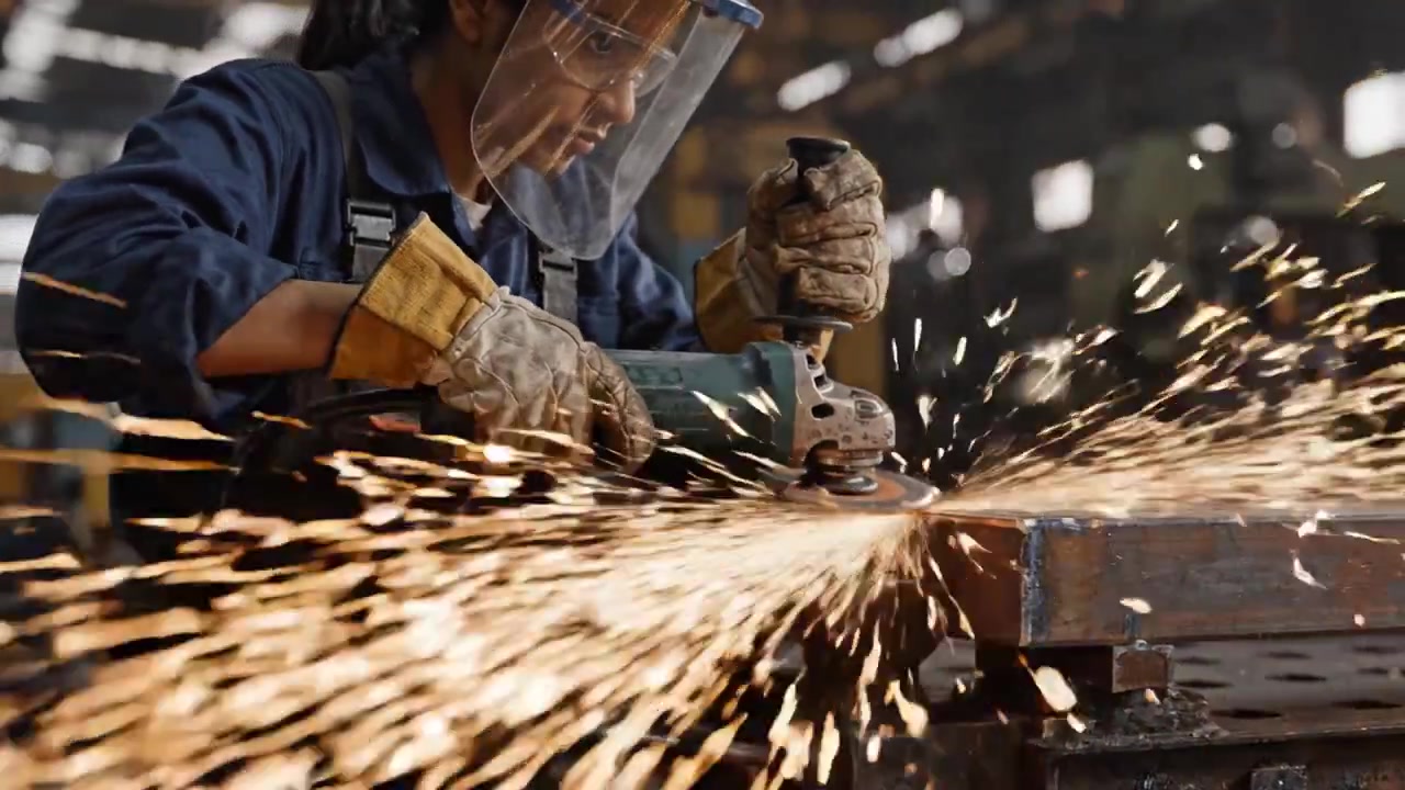 Operaio specializzato che usa una smerigliatrice angolare in un'officina industriale, creando scintille mentre modella una superficie metallica con tecniche di precisione e dispositivi di sicurezza.