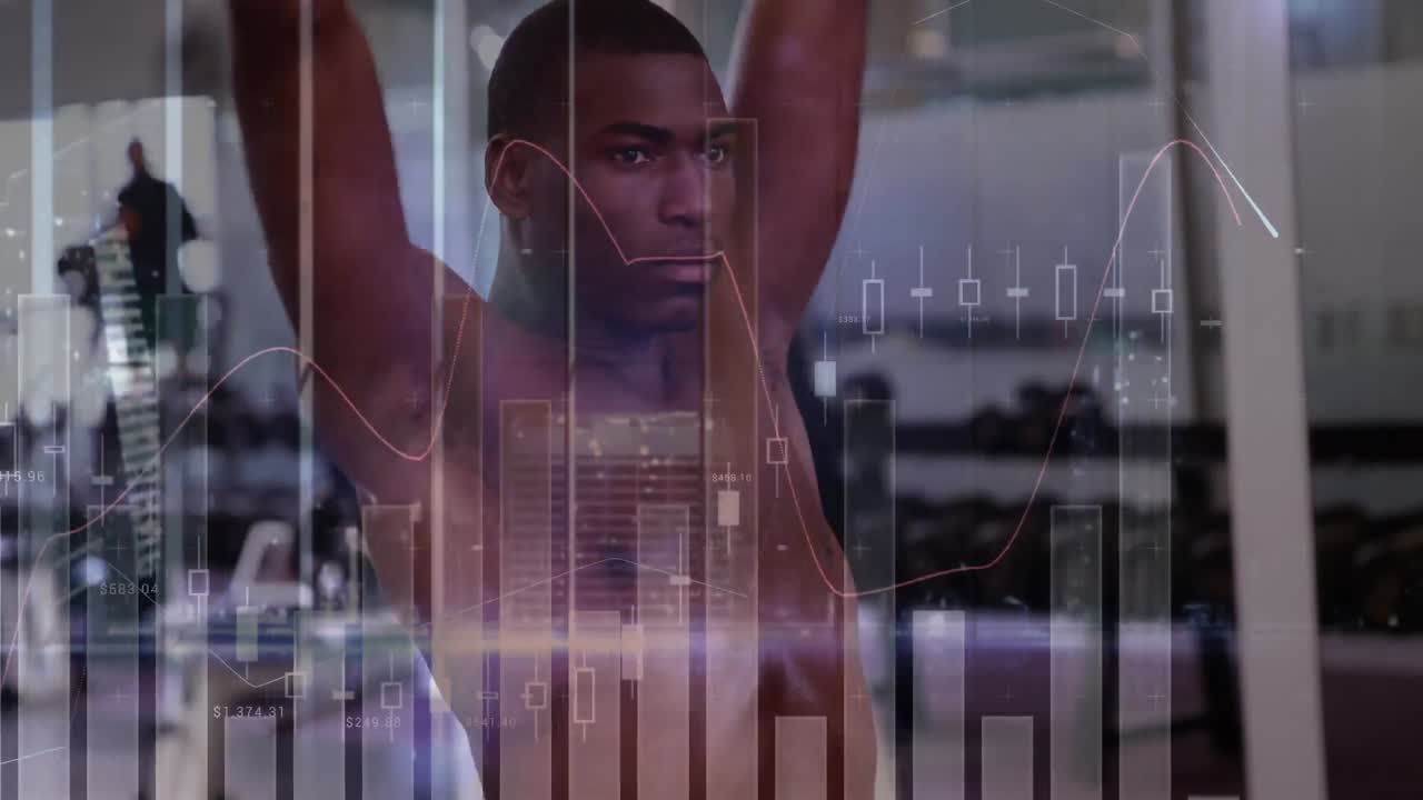 animación del procesamiento de datos sobre un hombre fuerte haciendo ejercicios con pesas