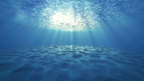 Blue-ocean-bottom-with-bubbles-and-light-rays-deep-underwater