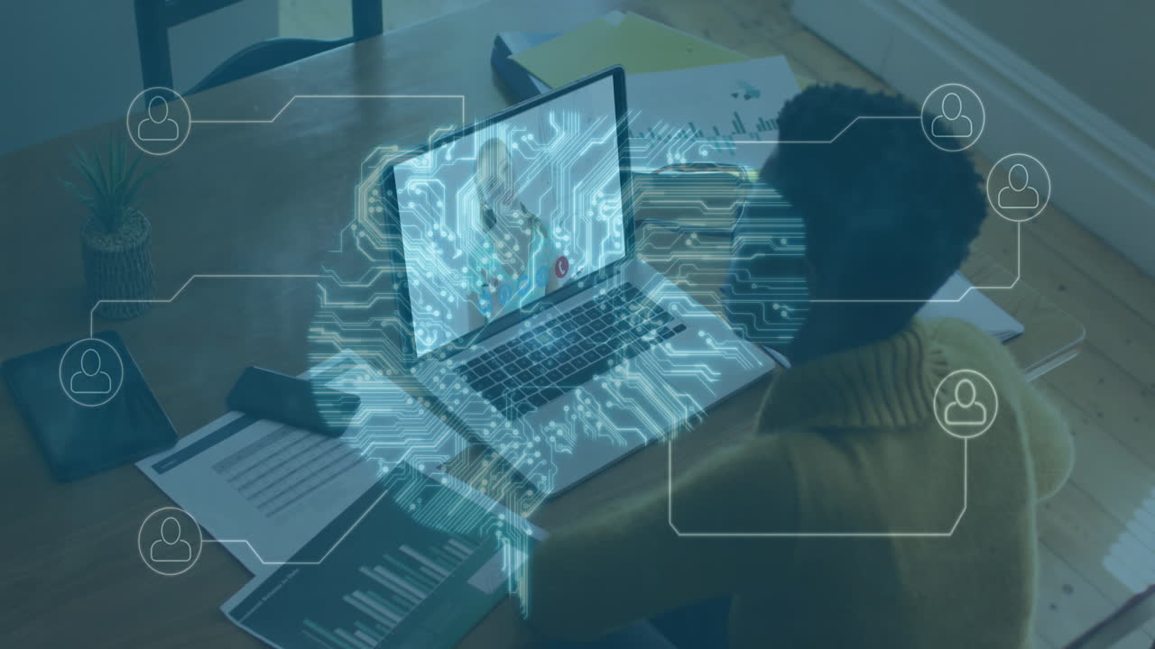 Animation of network of icons with digital brain over woman using laptop on video call