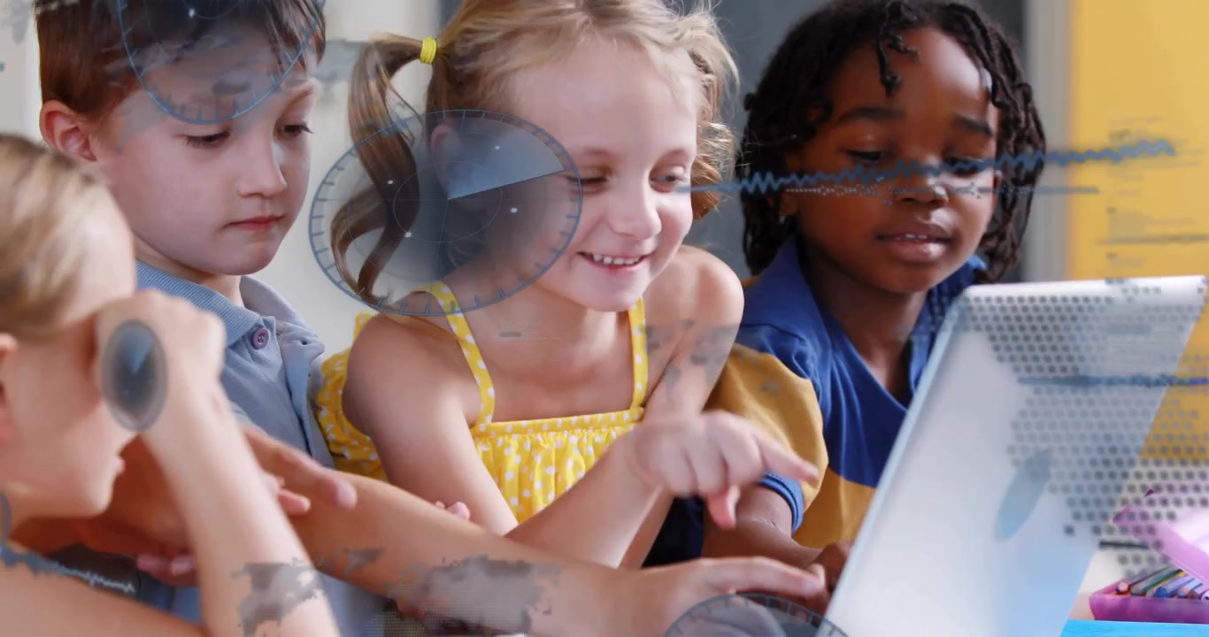 Children collaborating on laptop girl pointing and initiating animated icons exploring education