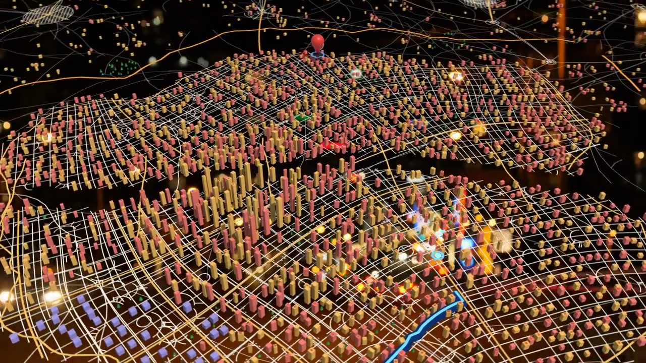 Hotspot sykkii, punaisia nappeja ilmestyy, holo 3D -kartta pyörii ja zoomaa jäljittäen sinistä reittiä näyttäen keskuksia.