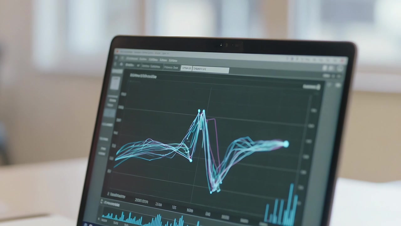 Updating laptop screen showing waveform and moving nodes and bars at office table, via live feed