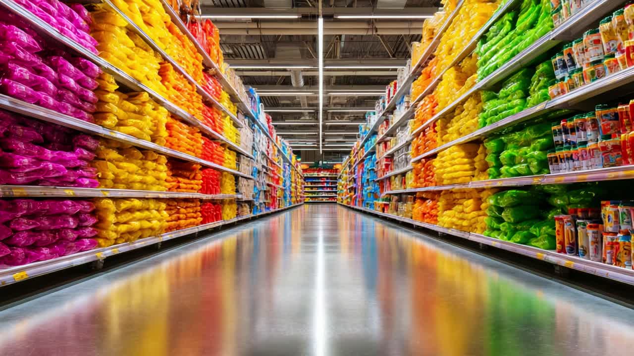 Levendig supermarktpad met kleurrijke boodschappen: Een boeiende presentatie van diverse producten die netjes zijn uitgestald op de schappen in een uitnodigende winkelomgeving