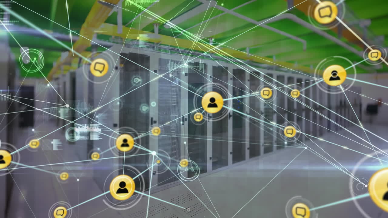 Animation of network of connections, data processing and light spots against computer server room