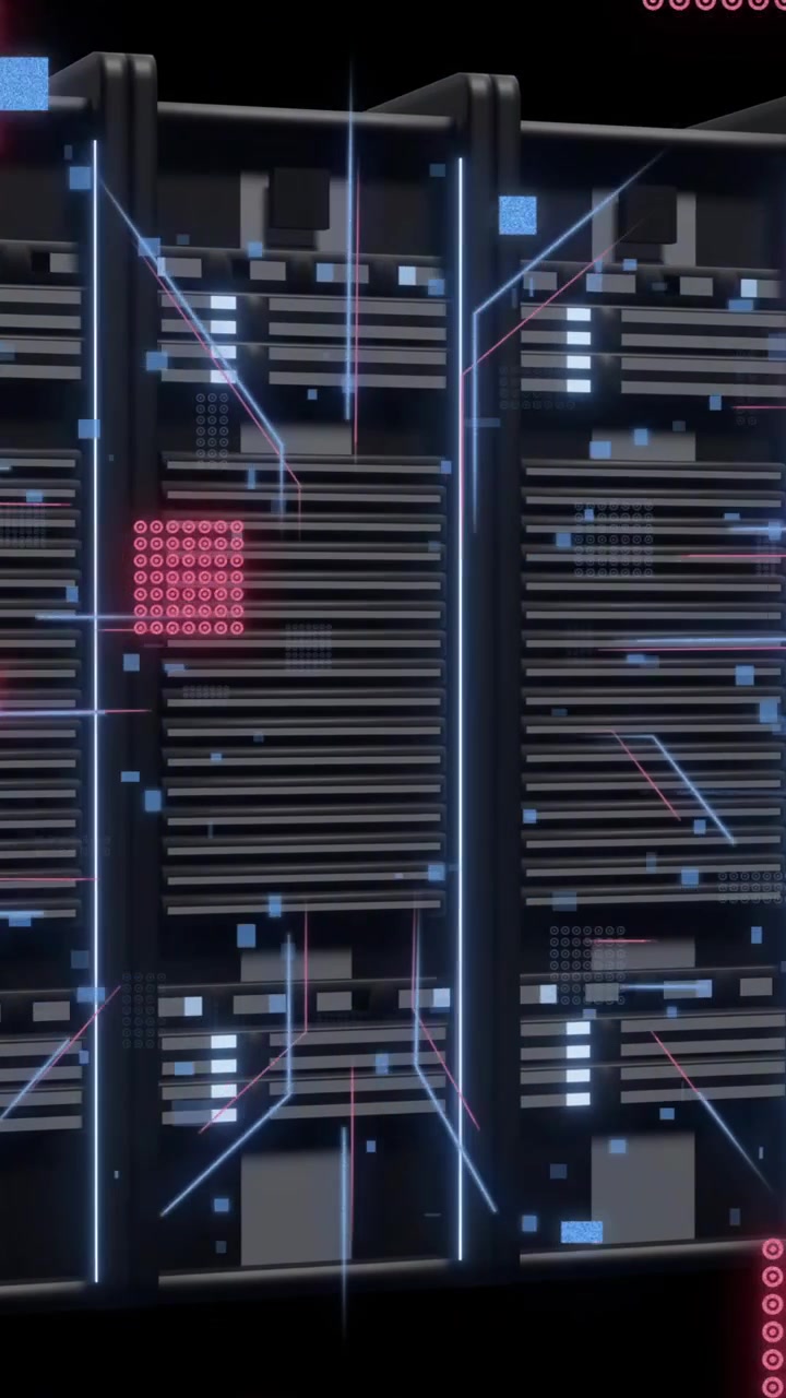 Animation of digital data processing and circuit board over computer servers