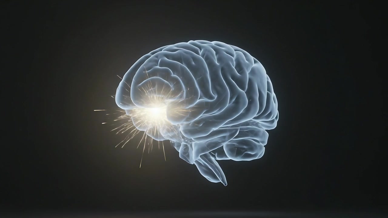 Animating translucent 3D brain, medial light sparking out while rotating right showing activation