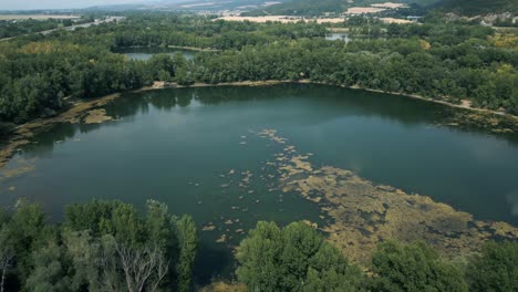 aerial shot of lake being polluted by algae, europe