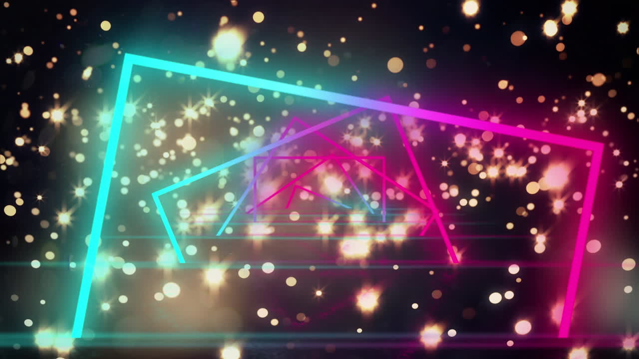 animación de formas de neón sobre fondo negro con luces doradas