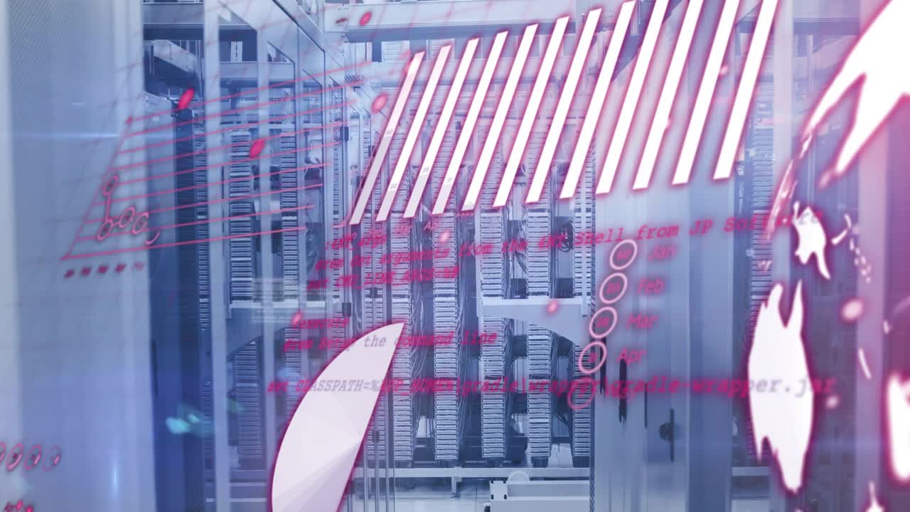 Animation of data processing and diagrams over server room