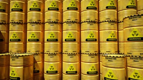 dump of yellow and black barrels with nuclear radioactive waste. danger of radiation contamination of industrial containers. 3d animation