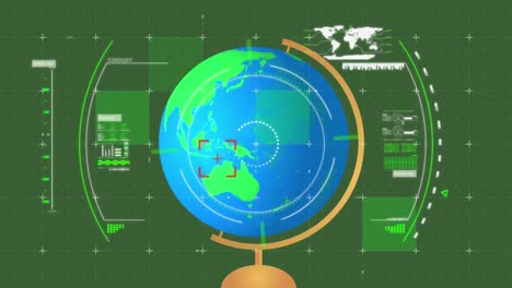 Data-processing-against-spinning-globe-on-green-background
