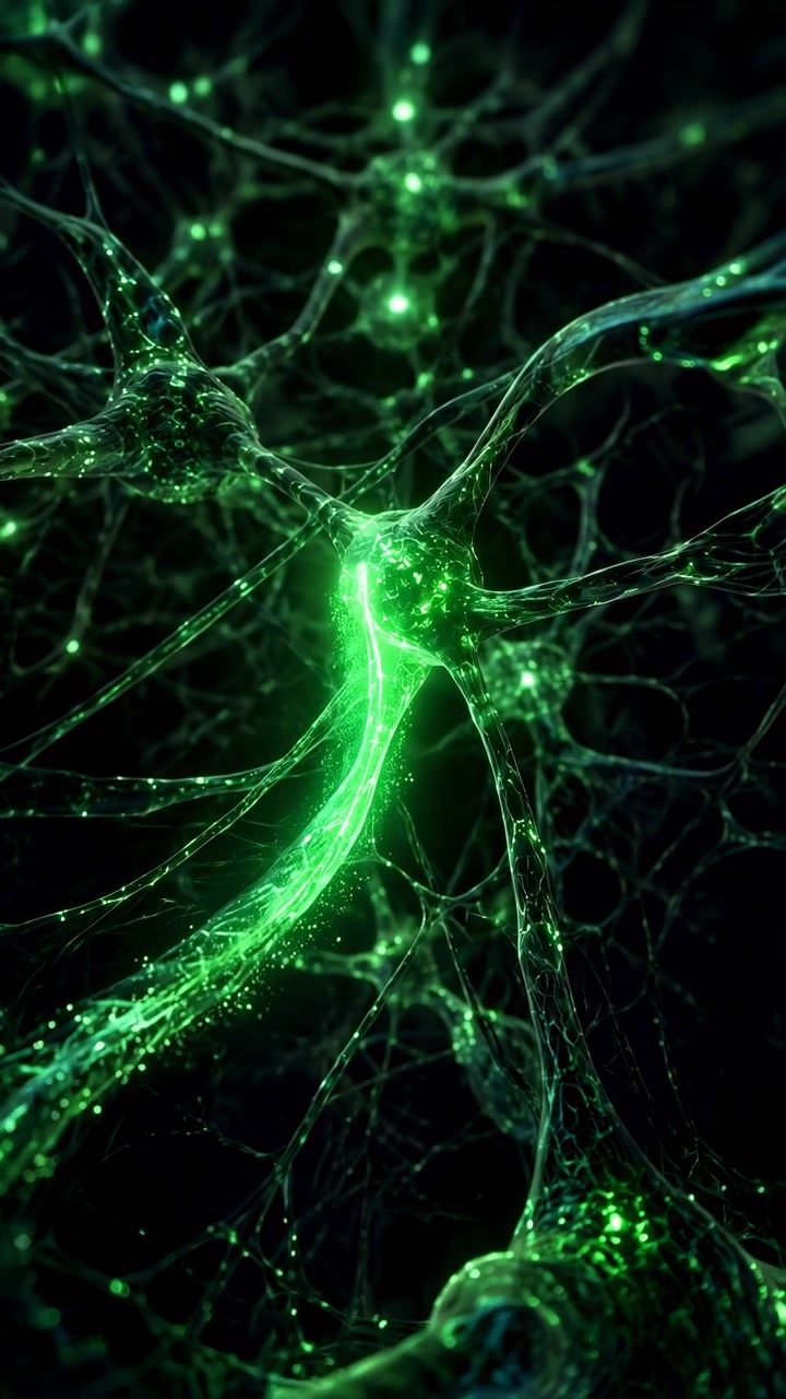 Bright green energy moves along transparent branching strands and flares at junction points, revealing layered web textures and scattered luminous nodes in a dark close view.