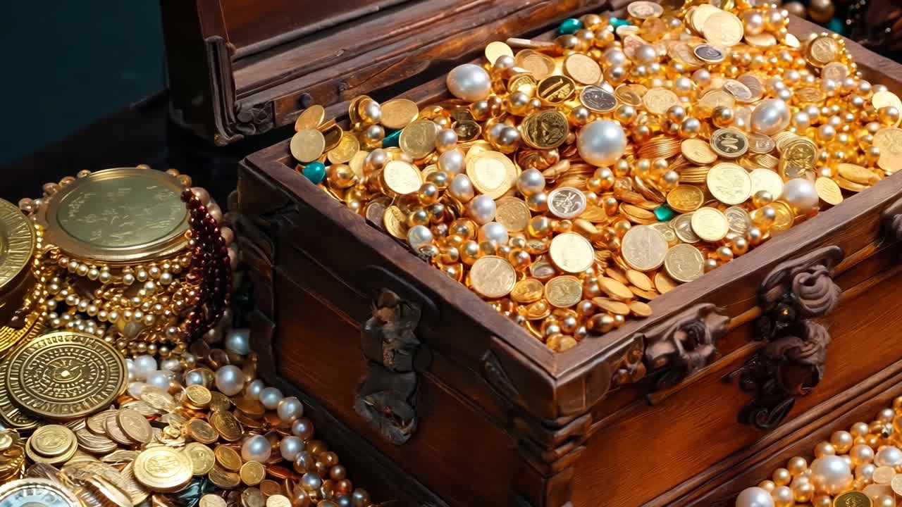 많은 금과 진주로 가득 찬 나무 상자