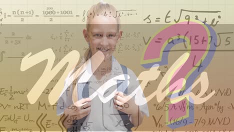 Maths-text-banner-and-equations-over-caucasian-school-girl-against-gradient-background