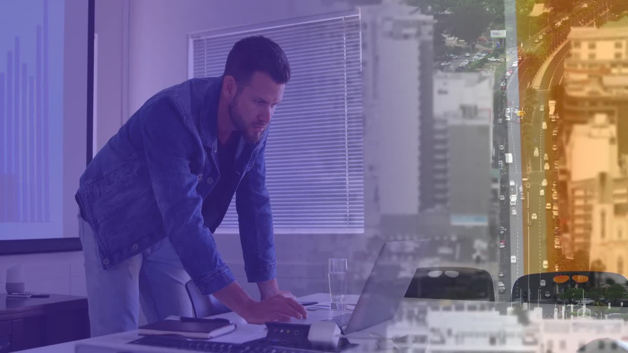 animación de un empresario caucásico en el cargo sobre el paisaje urbano