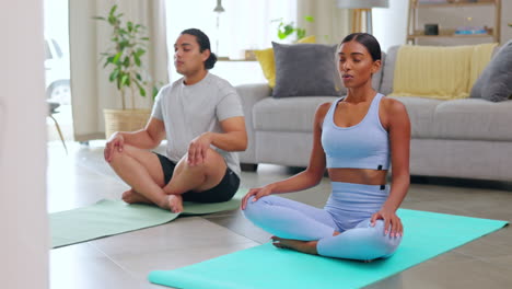 couple, yoga in living room and breathing