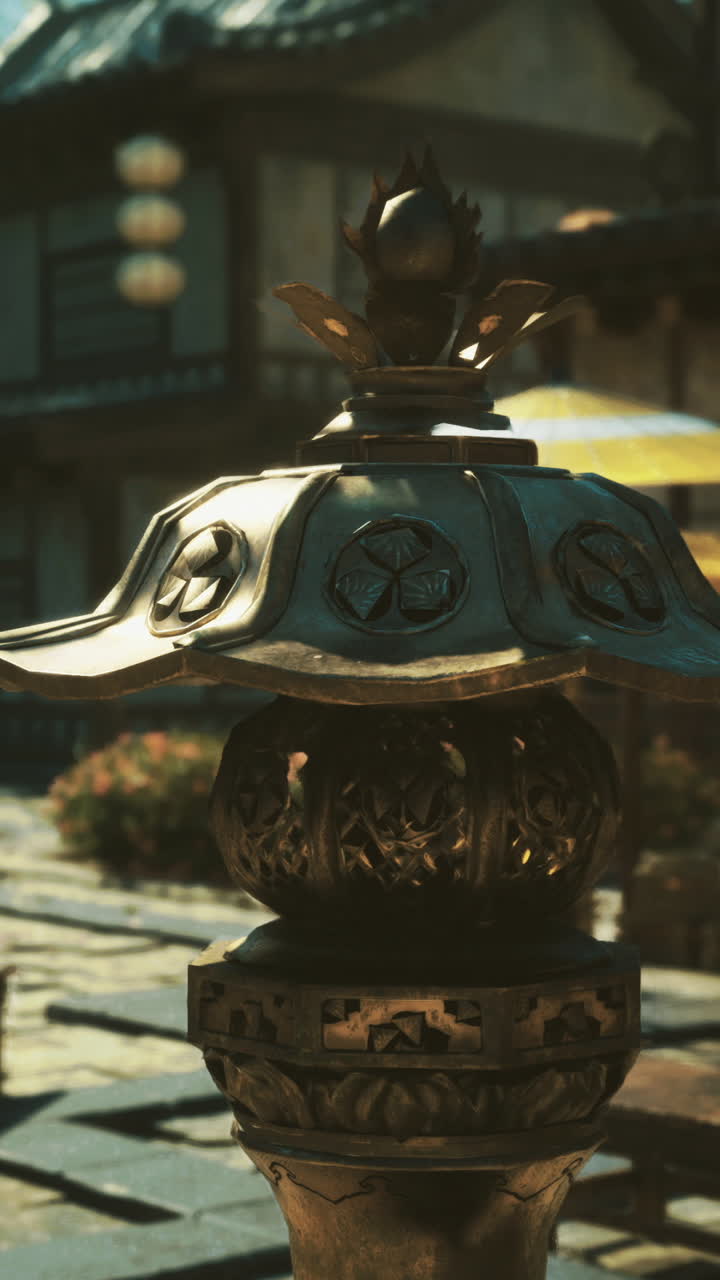 Traditional lantern and market square in a quaint village during daytime
