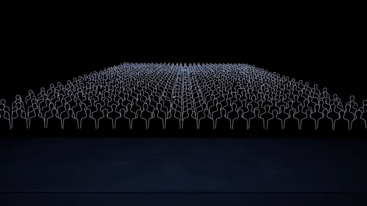 Abstract White Outline Figures Forming a Crowd on Dark Background