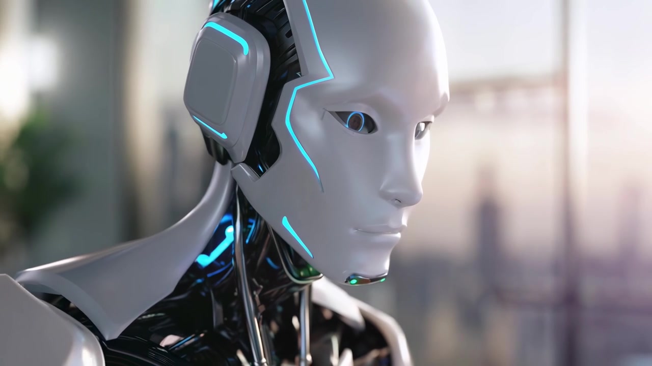 Robot umanoide che digita su un portatile con interfaccia olografica in un ufficio moderno