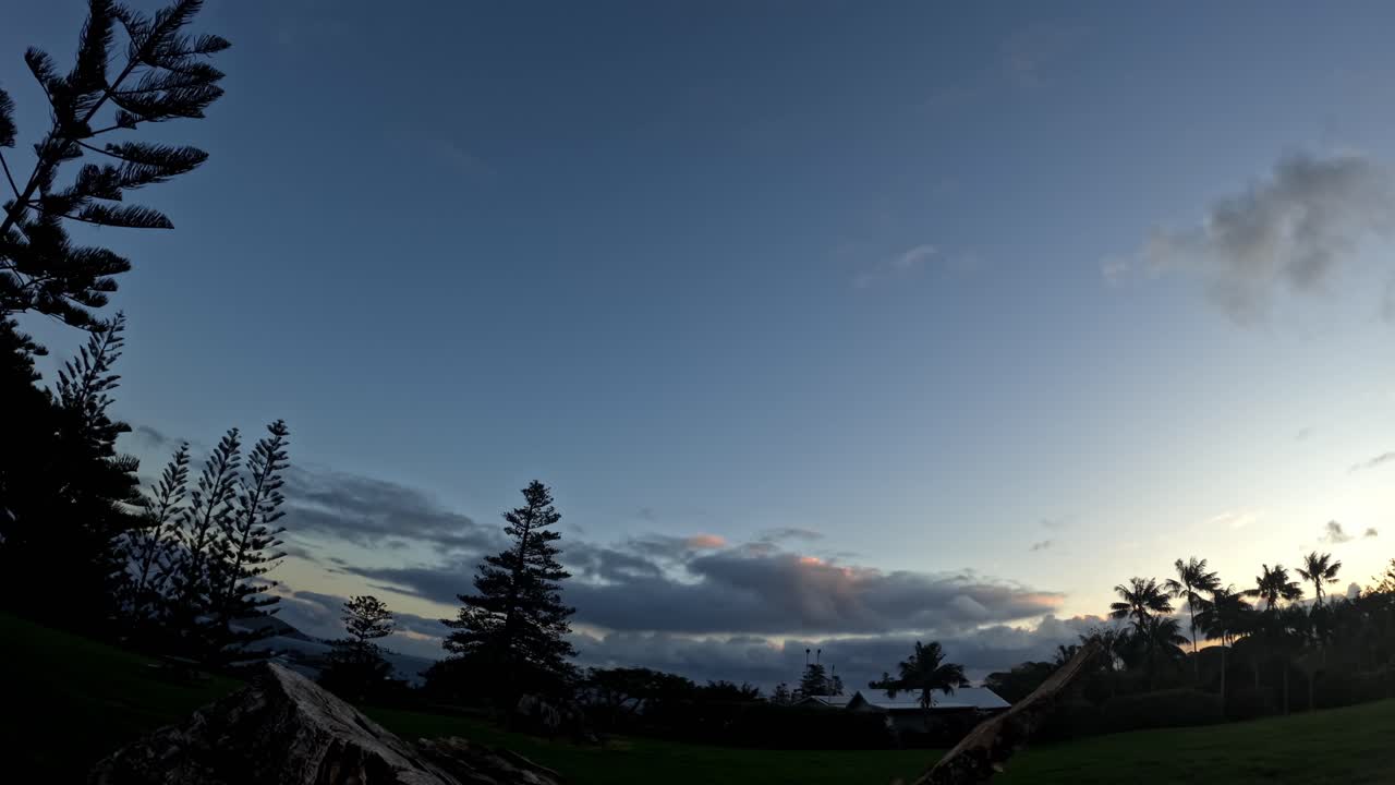 Silhouette di alberi e del terreno sotto un cielo serale di nuvole in movimento