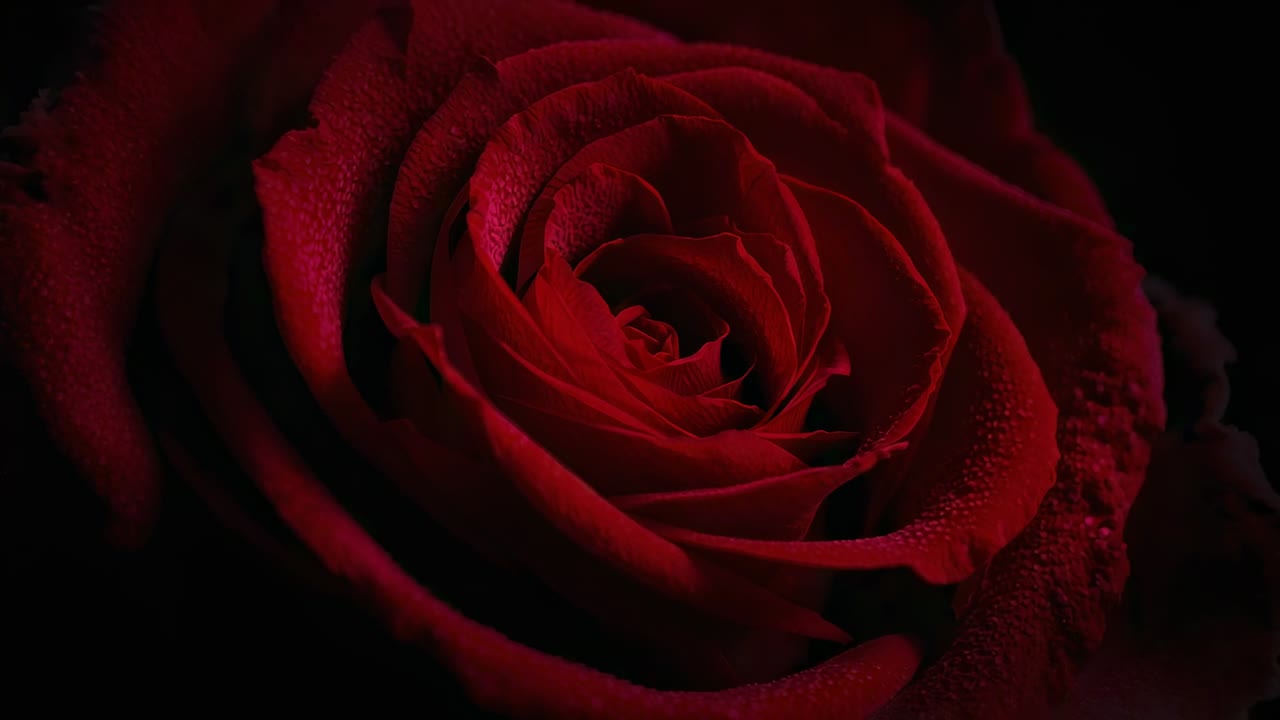Afastando a câmera macro, revelando uma única rosa vermelha florescendo em estúdio, destacando as gotas de água