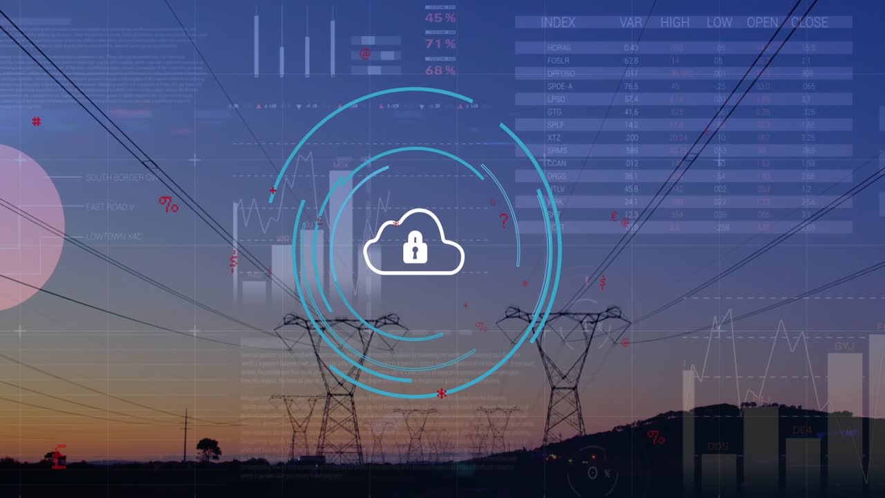 Animazione di un cerchio in elaborazione e di icone di dati statistici, con un ufficio sullo sfondo.