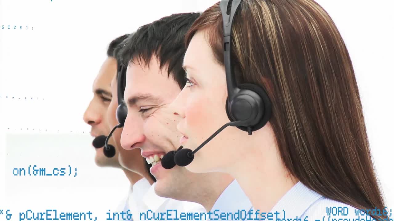 Animation of data processing over business people using phone headsets