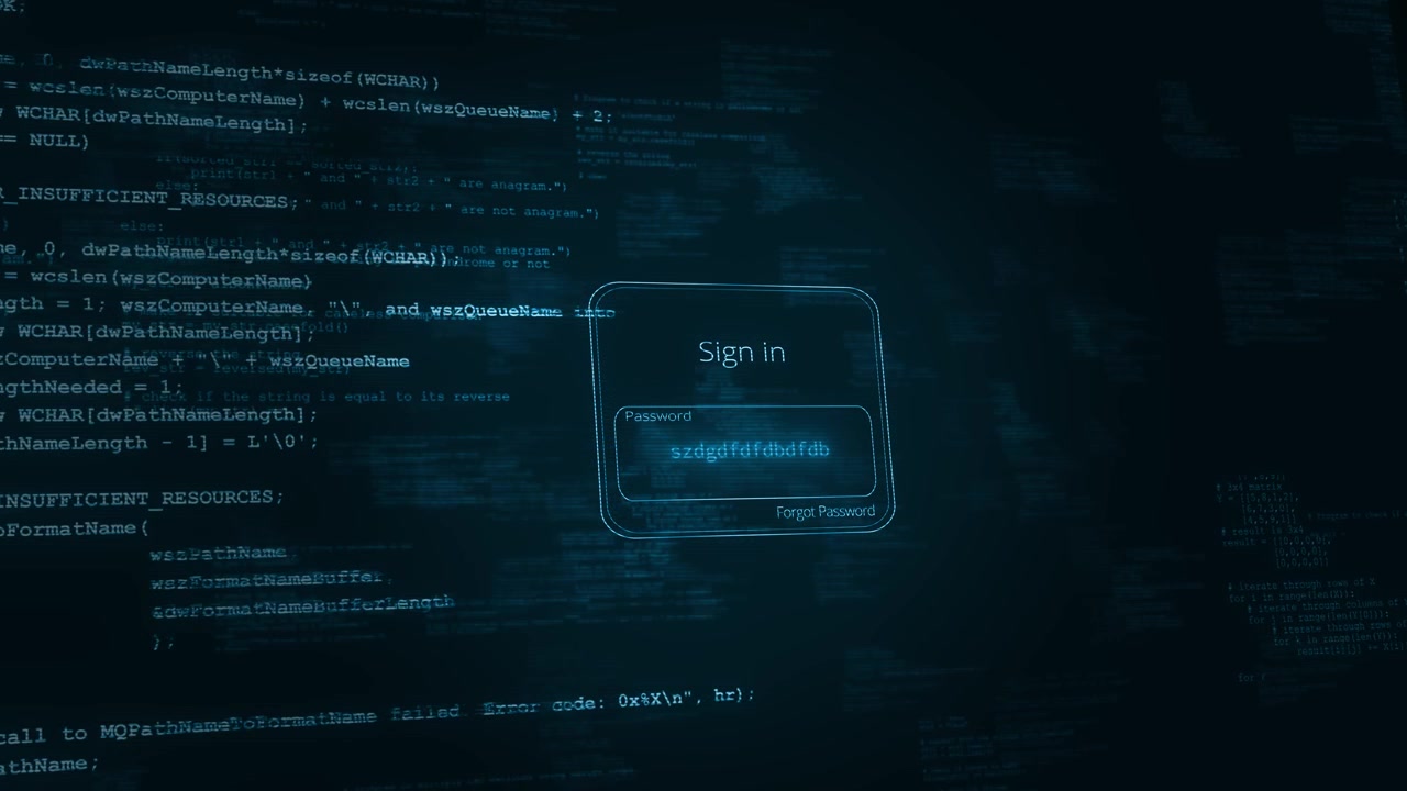 Saisie de mot de passe sur un écran de connexion numérique avec un arrière-plan de code défilant