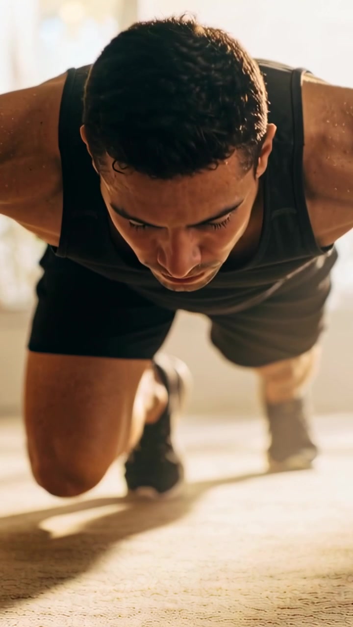 Vertical video: Starting low crouch fit man doing fast knee drives on gym mat for cardio, black top