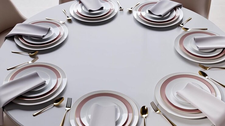 High angle view of round dining table arranged for guests with stacked plates, folded napkins, gold flatware, and balanced place settings in clean modern interior, with table, dining, dinnerware