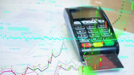 animation of financial data processing over credit card inserted into terminal