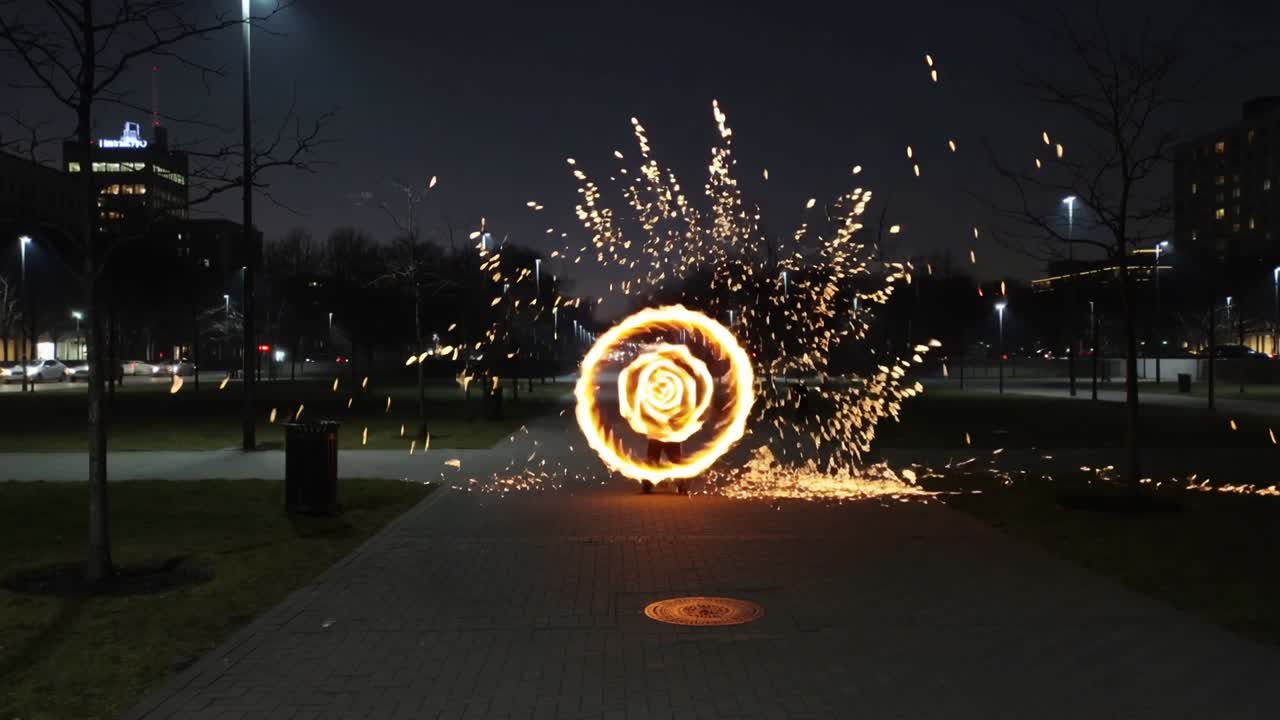 Scintilla iniziale che avvia un anello di fuoco rotante, spruzzando scintille lungo il sentiero del parco notturno, creando scie