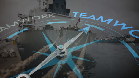 teamwork text animation over compass and docked ship in harbor