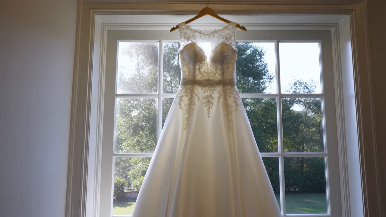Elegant Wedding Dress Hanging in a Window