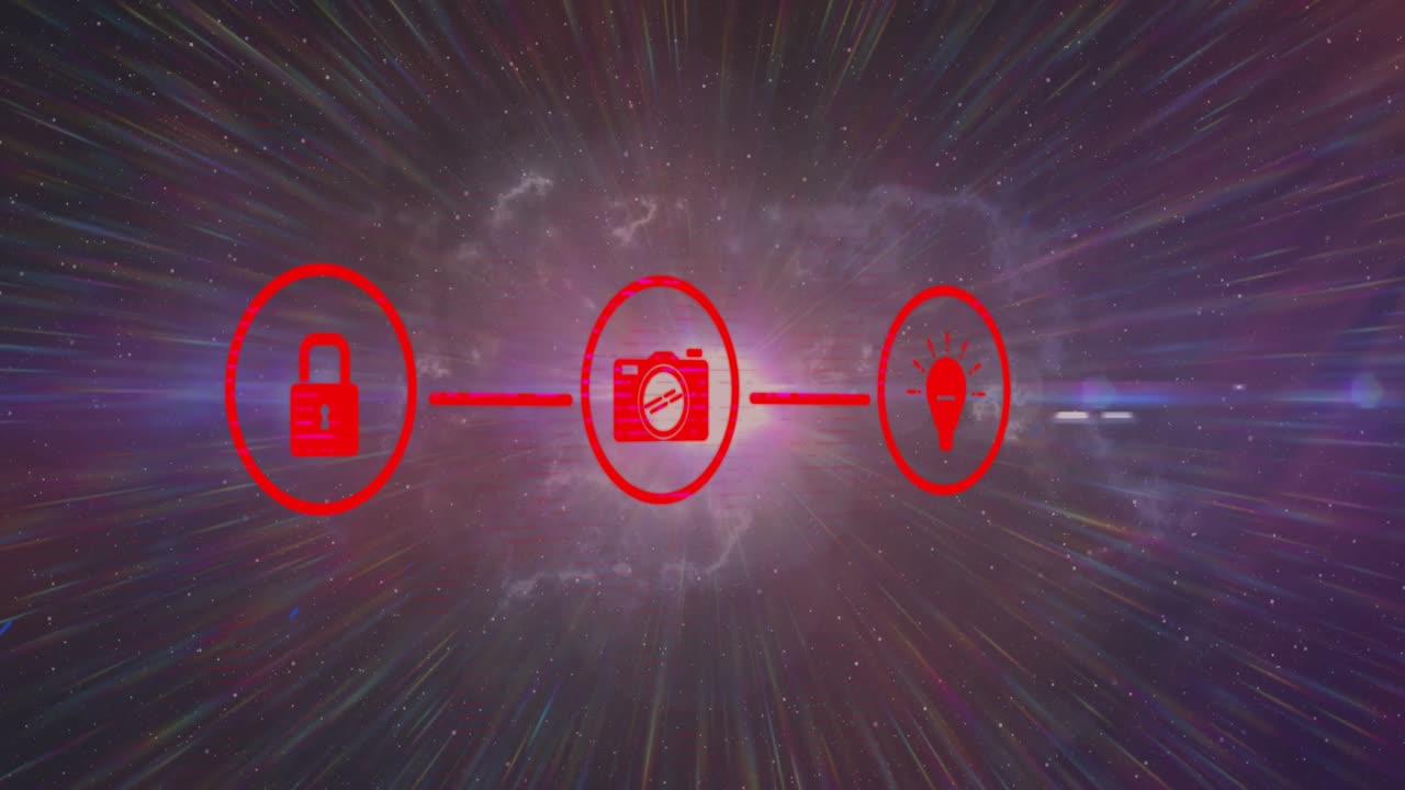 Radial streaks converging core spawning padlock slashed camera and bulb icons unlocking secure idea