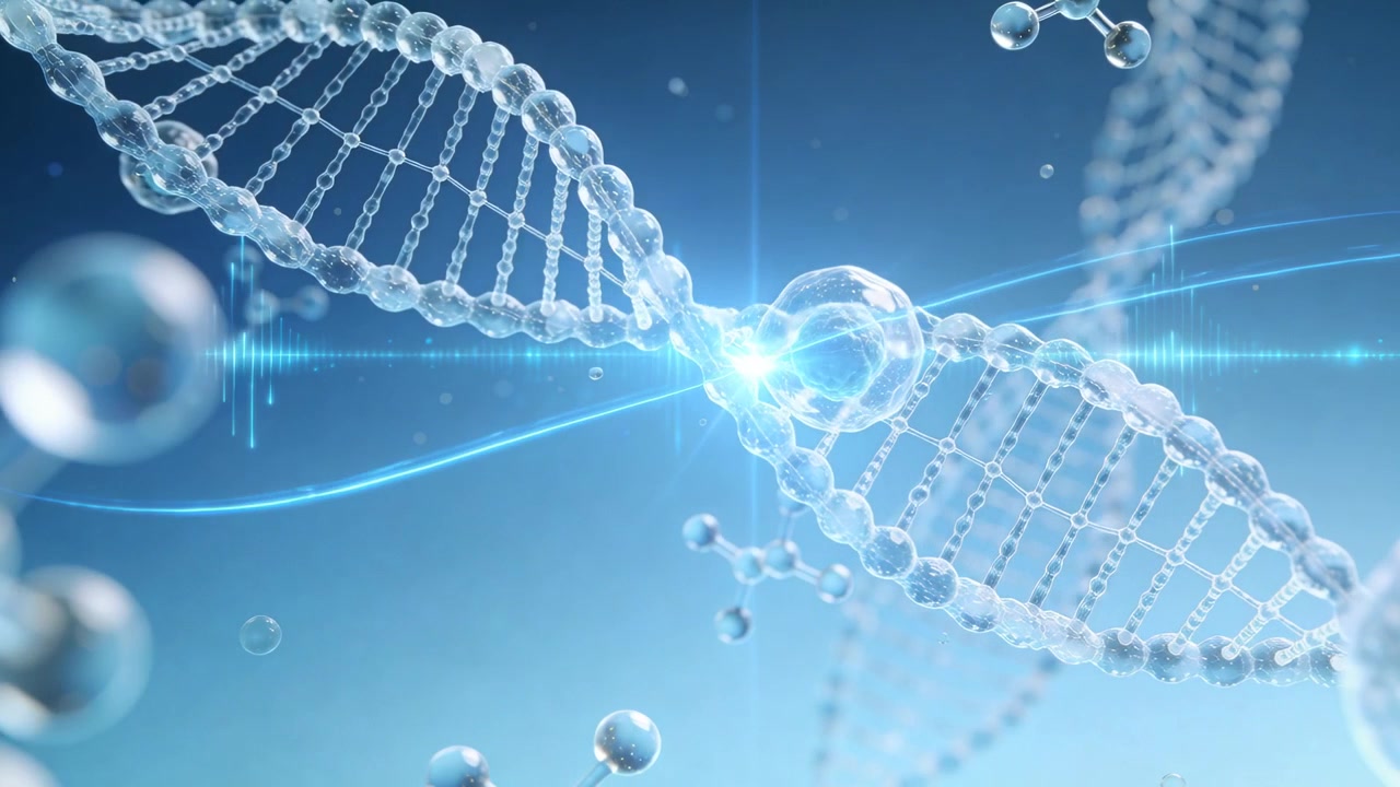 Rotating DNA double helix nesting cell node in blue field, light streak arcing, forming bright link