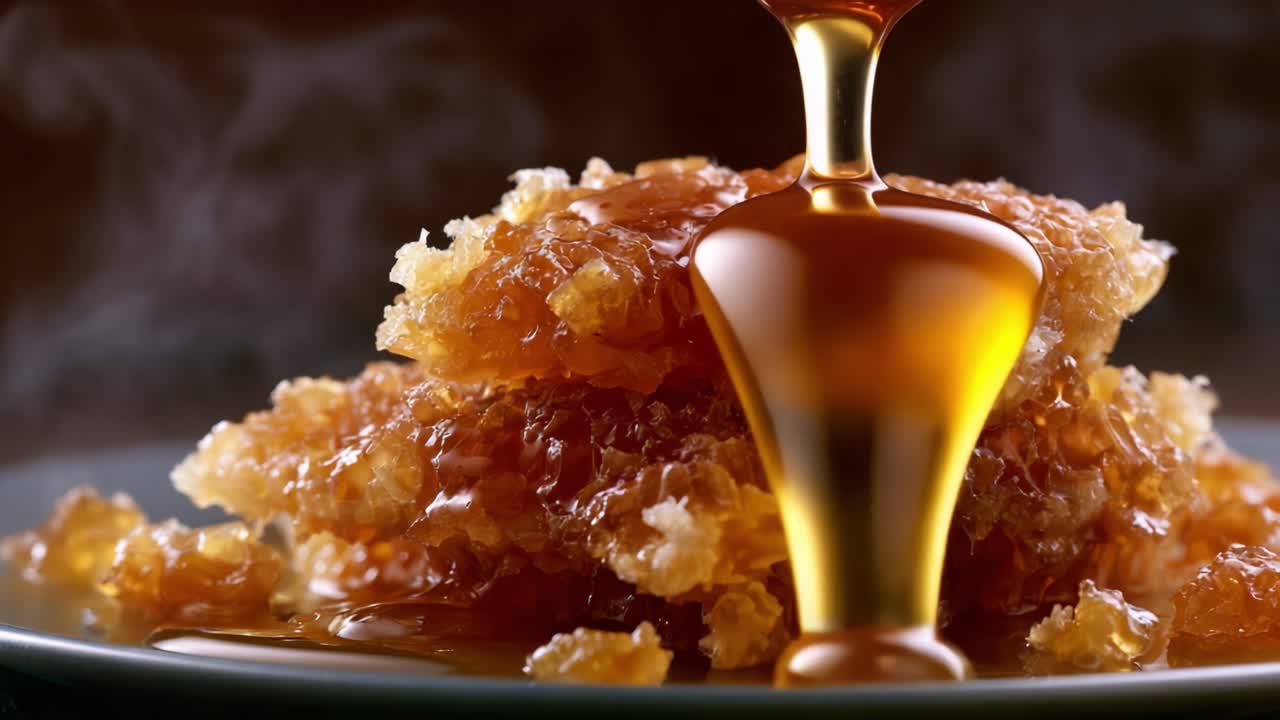 Miele dorato che cola su strati di favo croccanti: uno sguardo ravvicinato alla delizia dolce perfettamente fusa in uno sfondo caldo e invitante.