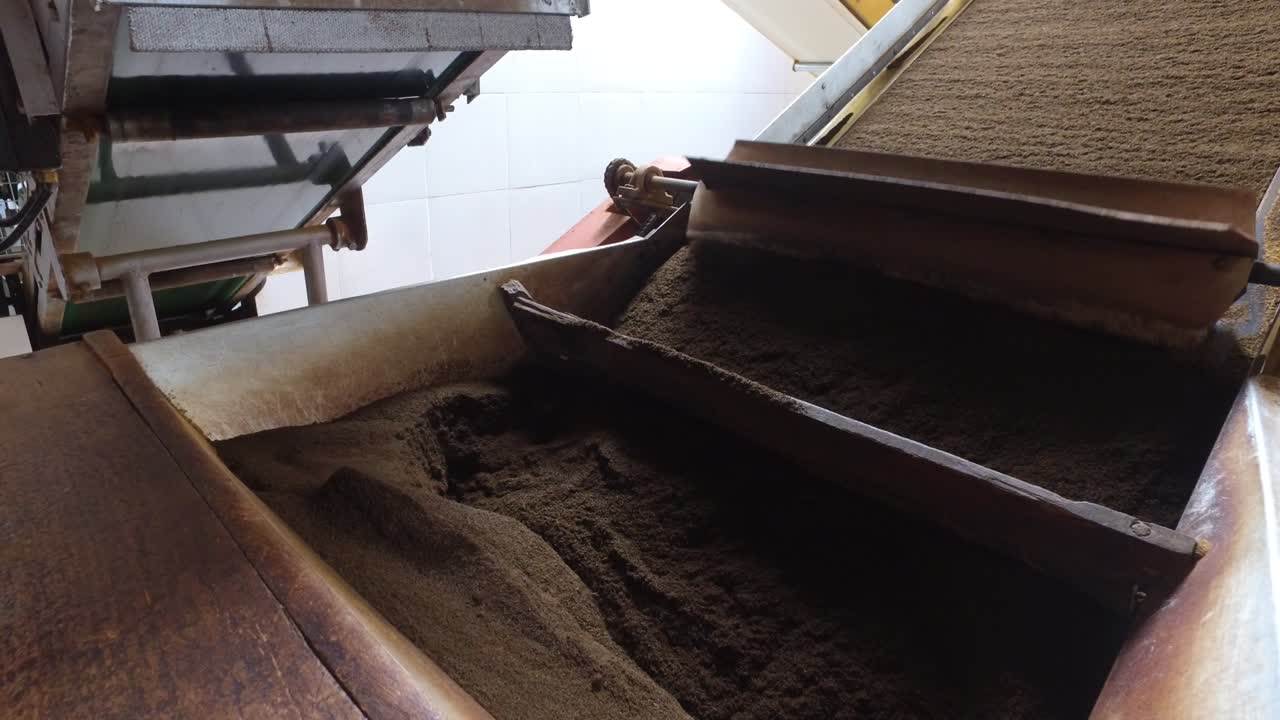 té negro en movimiento en el transportador de la máquina en la fábrica