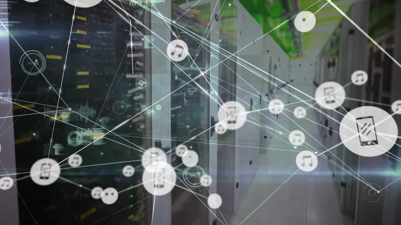 Animation of network of connections with icons over computer servers