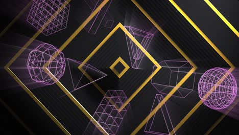 Animation-of-3d-geometric-shapes-over-gold-line-squares-on-black-background