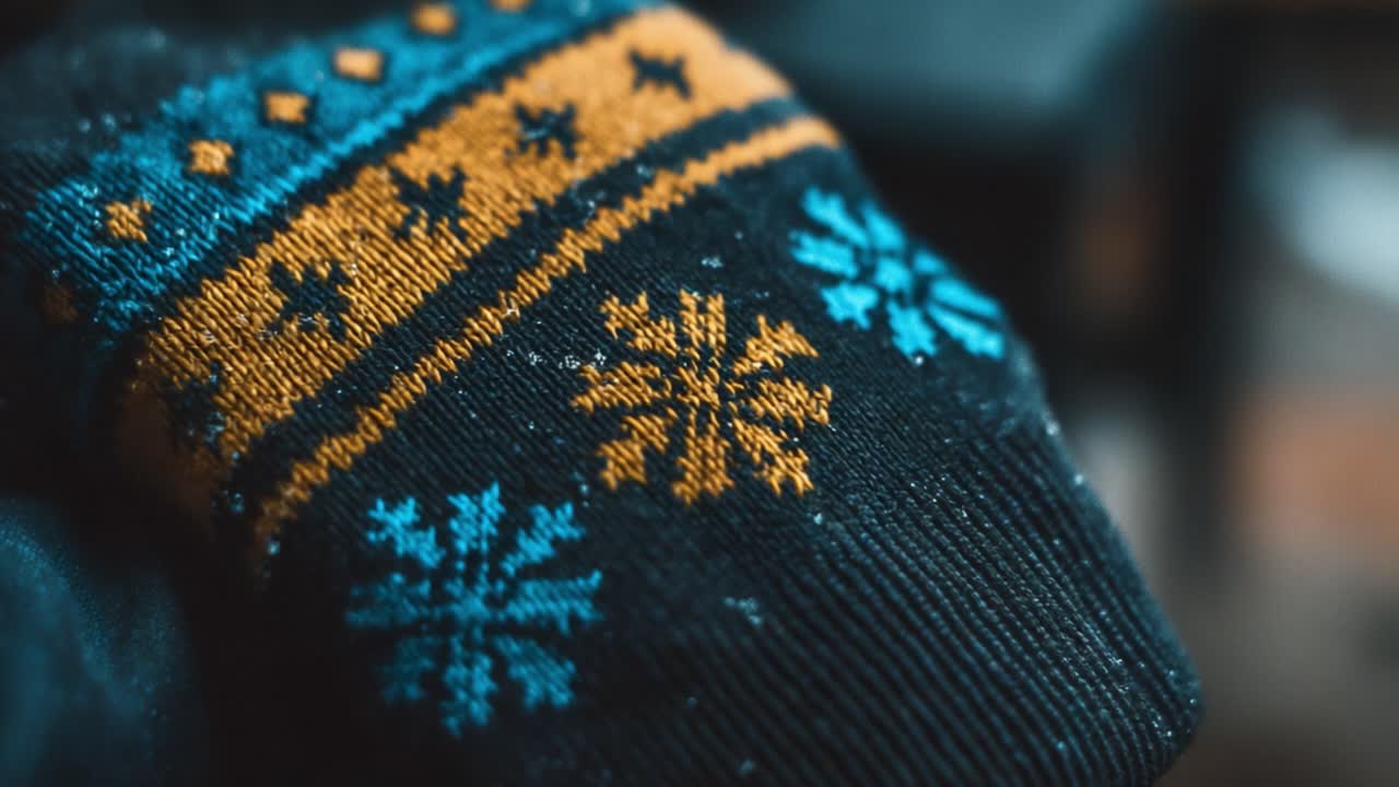 Close-Up of a Winter-Themed Sock Featuring Vibrant Patterns of Snowflakes and Geometric Designs, Perfect for Cozy Seasonal Comfort