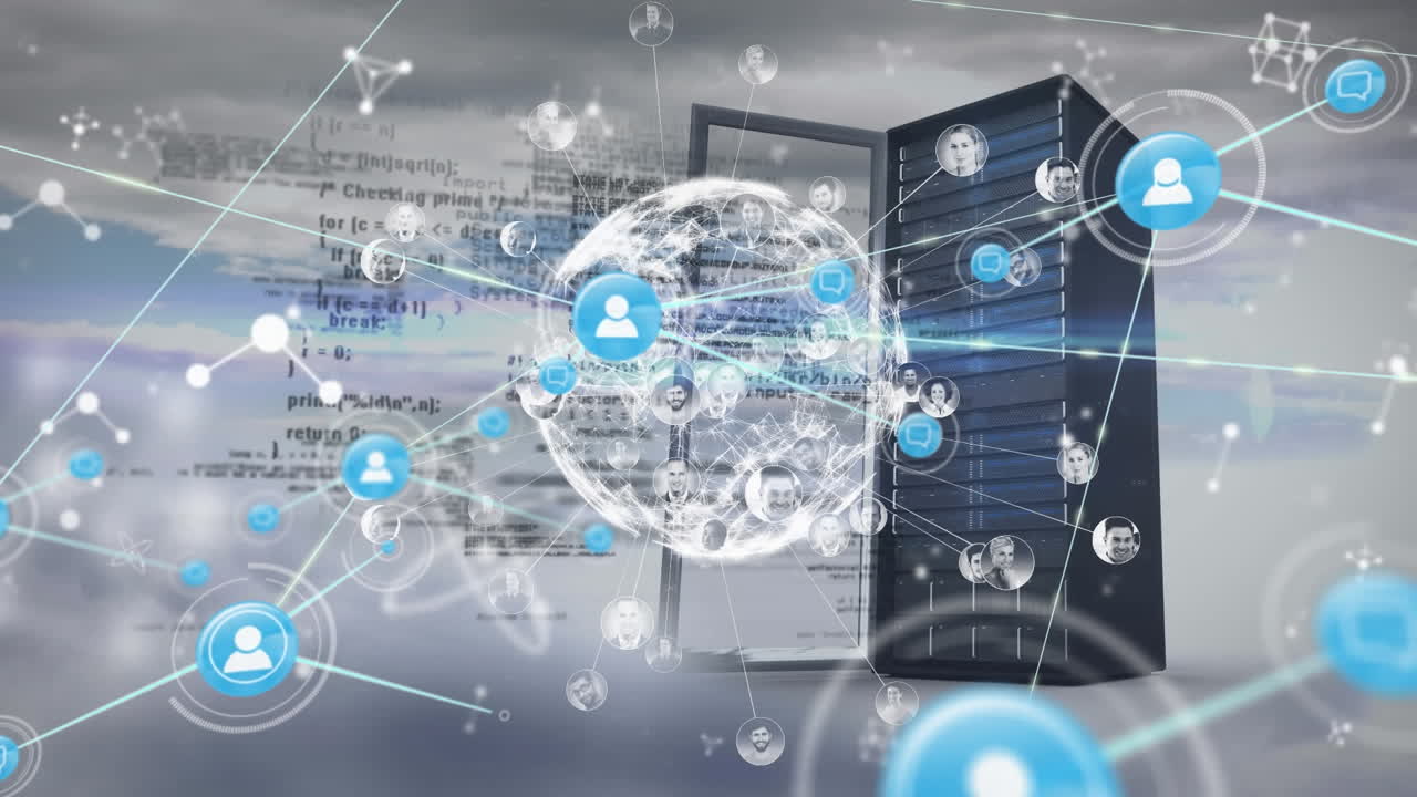 Animation of data processing over clouds and server