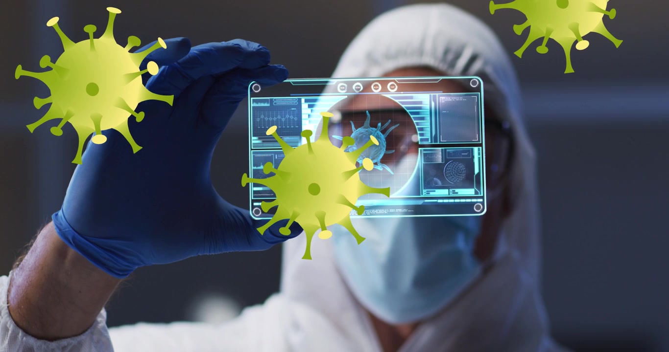 Animación de células de virus amarillas sobre un trabajador de laboratorio caucásico con ropa de seguridad y una tarjeta digital
