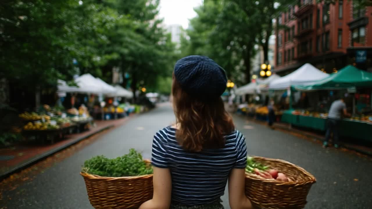 Woman Carrying Baskets of Fresh Produce at a Vibrant Market on a Rainy Day, Surrounded by Lush Greenery and Colorful Stalls Offering Organic Goods